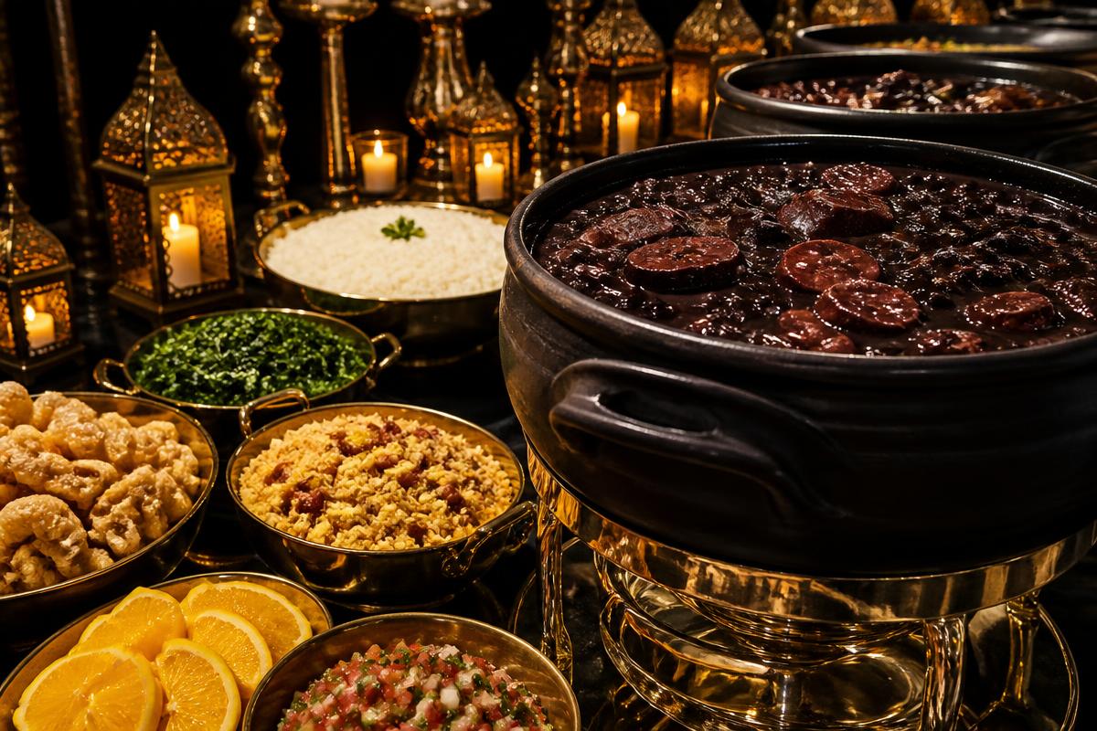 Feijoada completa servida em panela de cerâmica com arroz, couve, farofa e laranja