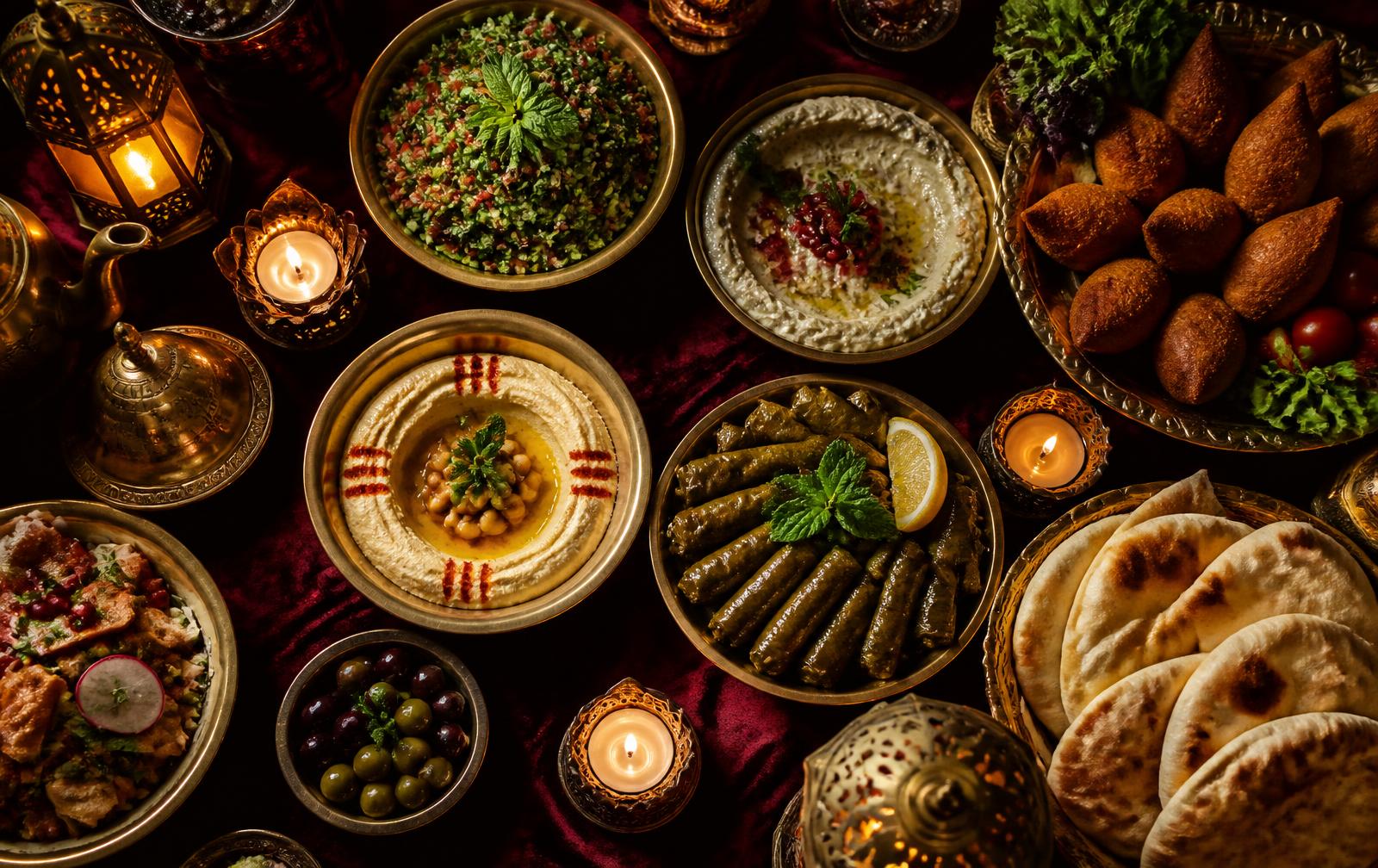Mesa farta de comida árabe servida em travessas de cobre em um evento do Buffet Salamalek