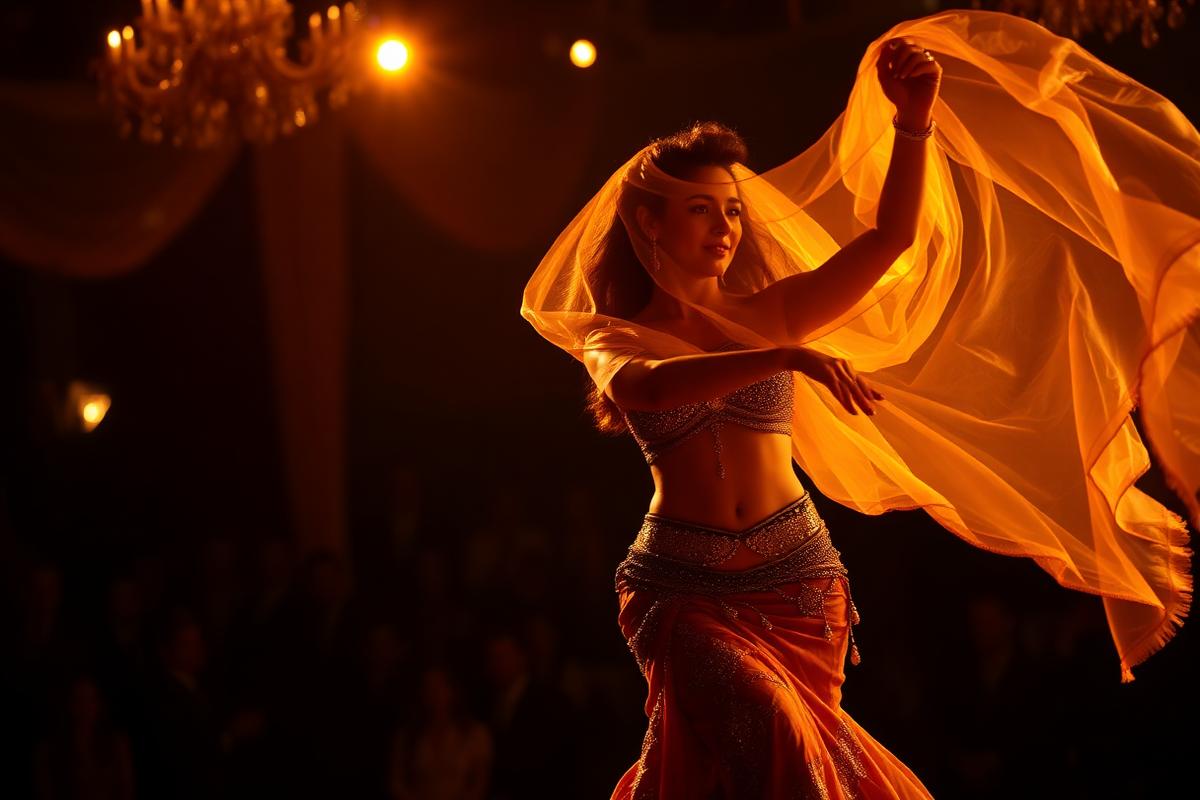 Bailarina de dança do ventre se apresentando em festa árabe